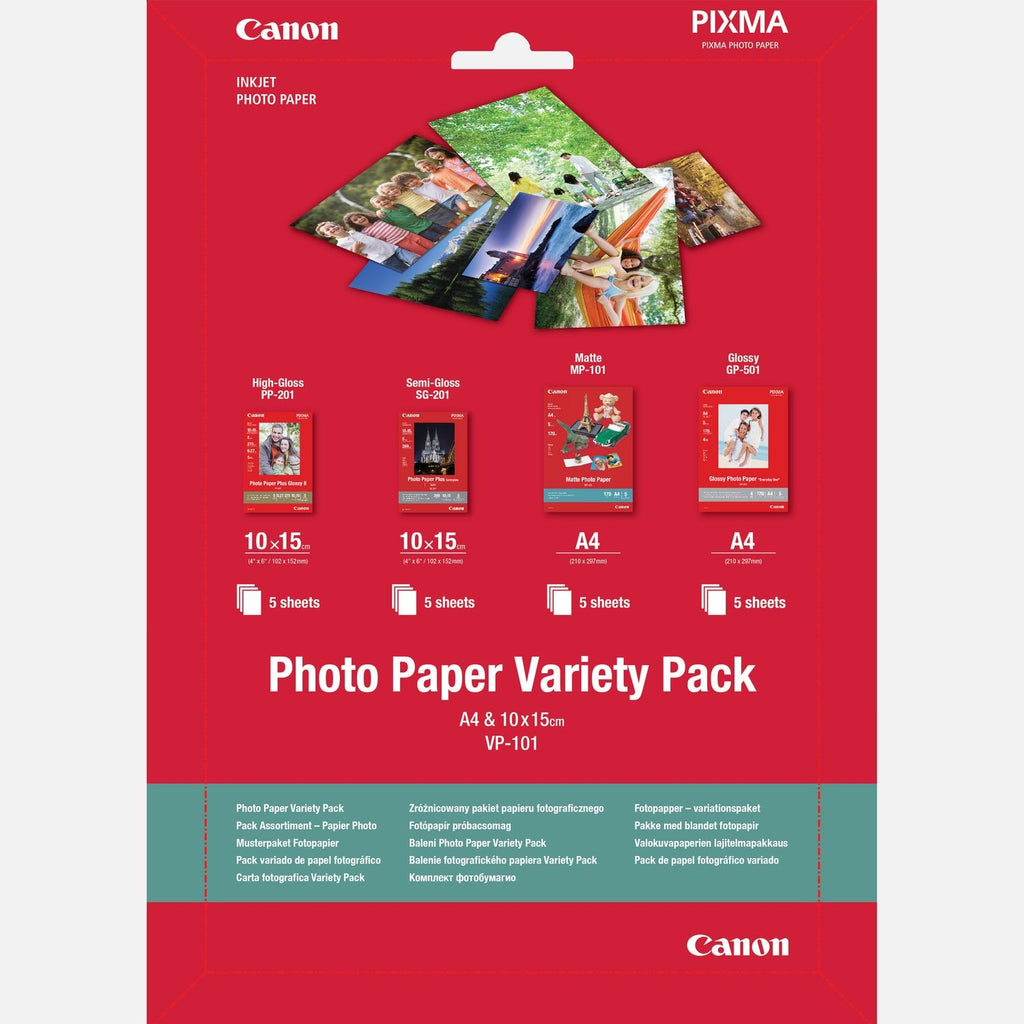 Canon Photo Paper VARIETY-PACK S+A4 (Canon VP-101 A4 & 4 X 6, 10 x 15 cm PP-201 5 Sheets, 10 x 15cm SG-201 5 sheets, A4 MP-101 5 Sheets, A4 GP-501 5 s