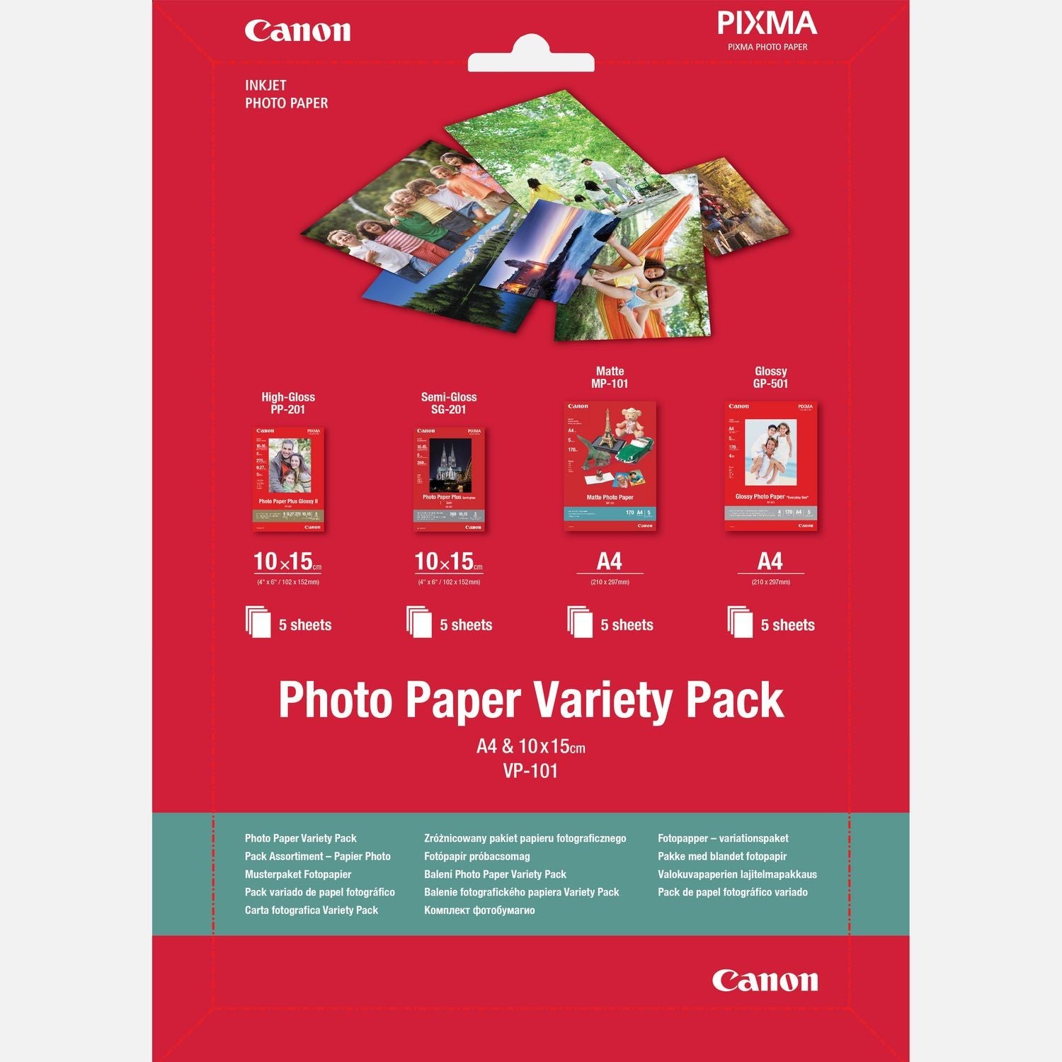 Canon Photo Paper VARIETY-PACK S+A4 (Canon VP-101 A4 & 4 X 6, 10 x 15 cm PP-201 5 Sheets, 10 x 15cm SG-201 5 sheets, A4 MP-101 5 Sheets, A4 GP-501 5 s