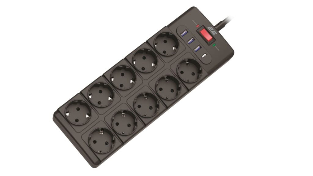 2E Power adapter with surge protection, 3xTypeF, 16A, 2xUSB-A, 1x USB-C, black