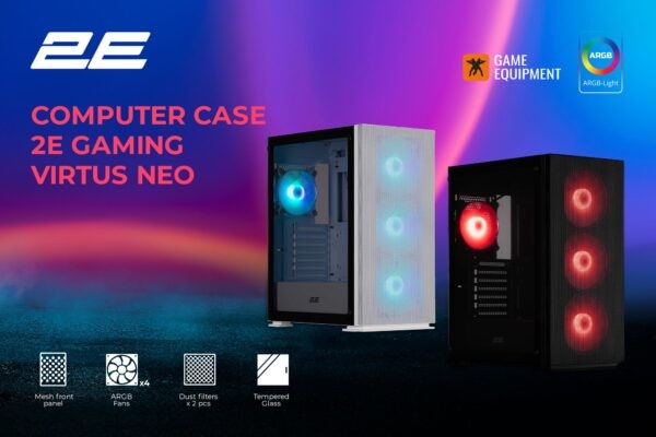 2E GAMING PC case Virtus Neo G3301NW without PSU, 2xUSB3.0, 1xUSB2.0, 3x140mm ARGB, 1x120mm ARGB, VGA 340mm, LCS ready, controller with remote, TG Sid