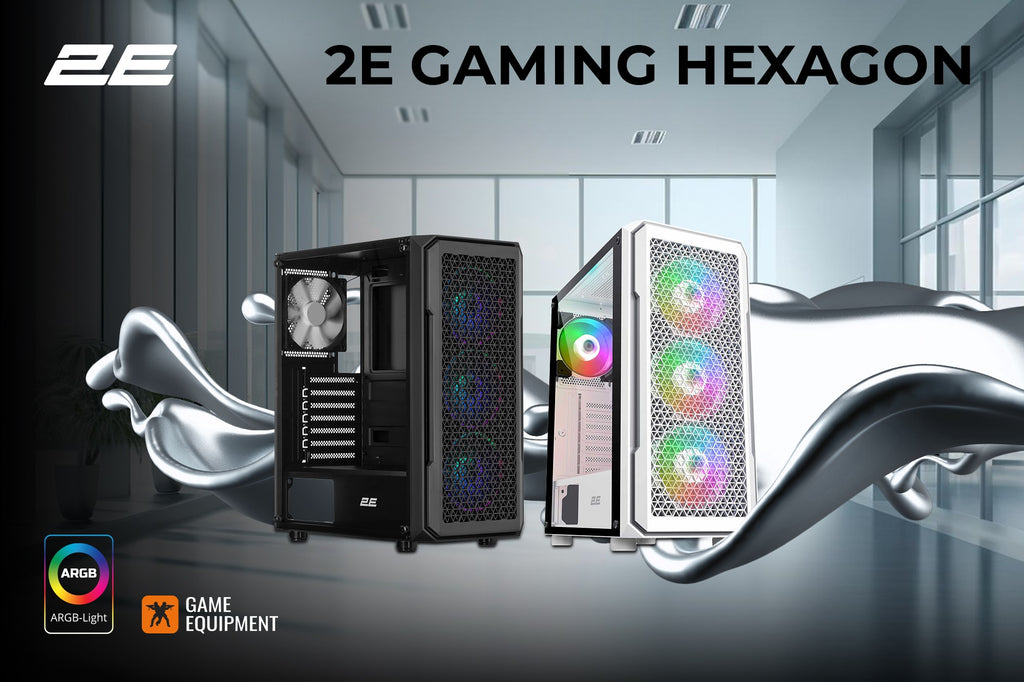 2E Gaming Computer case Hexagon G338W, without PSU, 2xUSB 3.0, 1xUSB Type-C, 1x120mm, 3x120mm ARGB, TG Side Panel, ATX, White