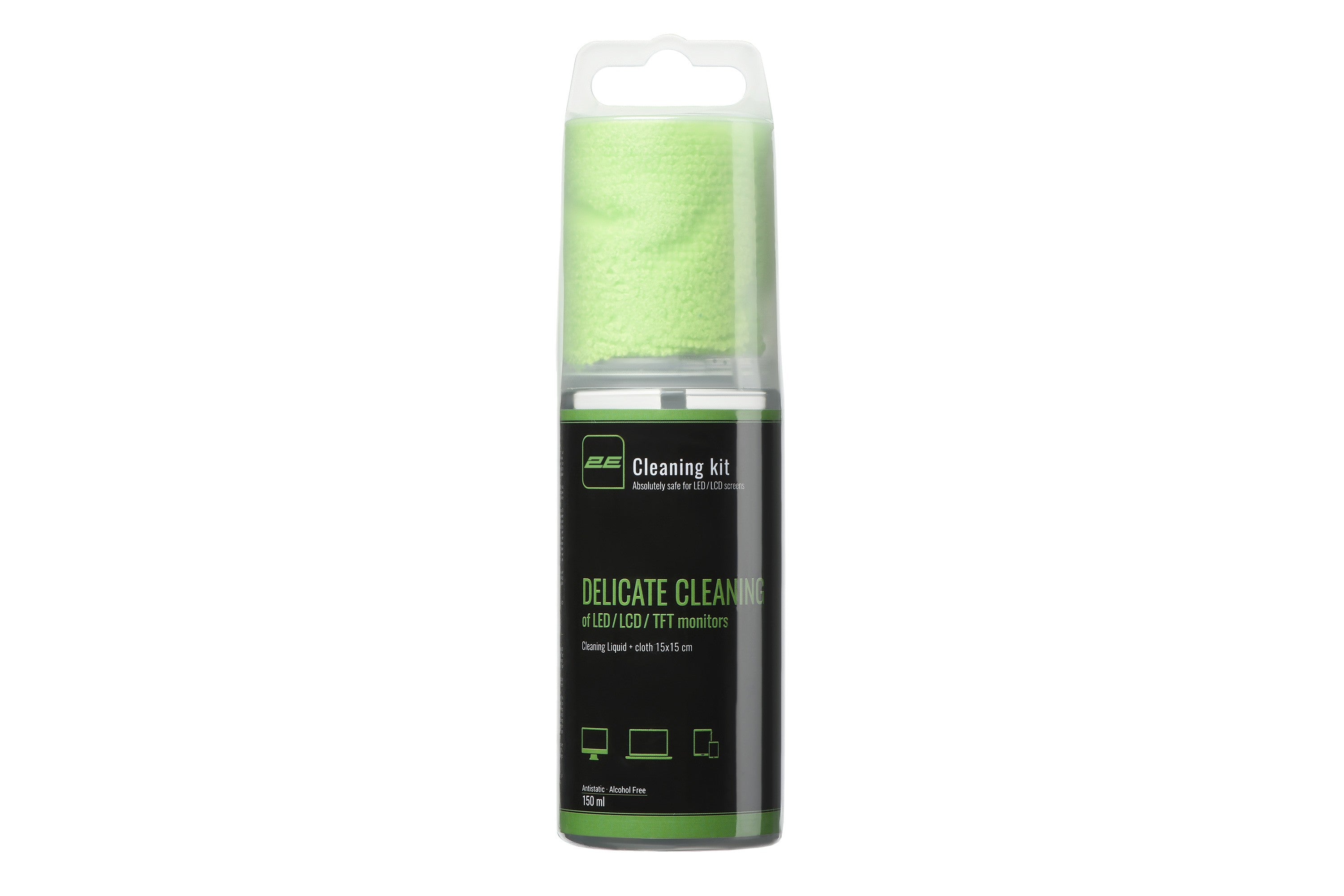 2E Cleaning kit for office equipment (liquid 150ml, whipe 15x15cm), green