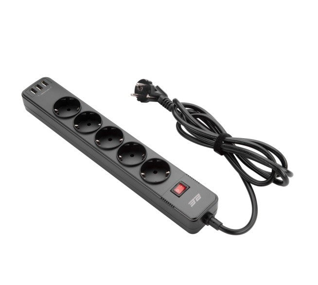 2E Power strip with surge protection, 3m, 10xTypeF, 16A, 3xUSB-A, 1xUSB-C, black