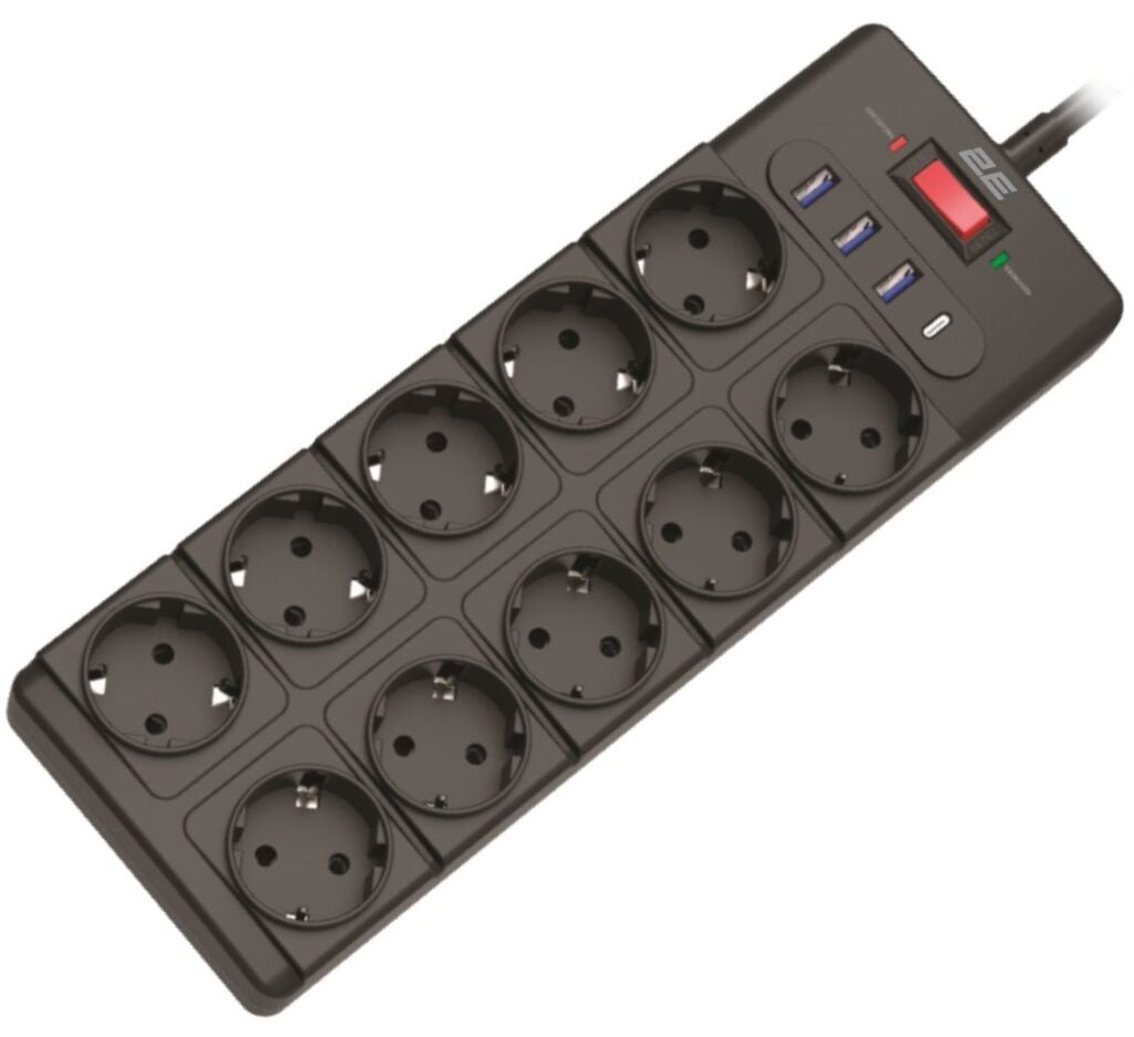 2E Power strip with surge protection, 3m, 6xTypeF, 16A, 2xUSB-A, 1xUSB-C, black