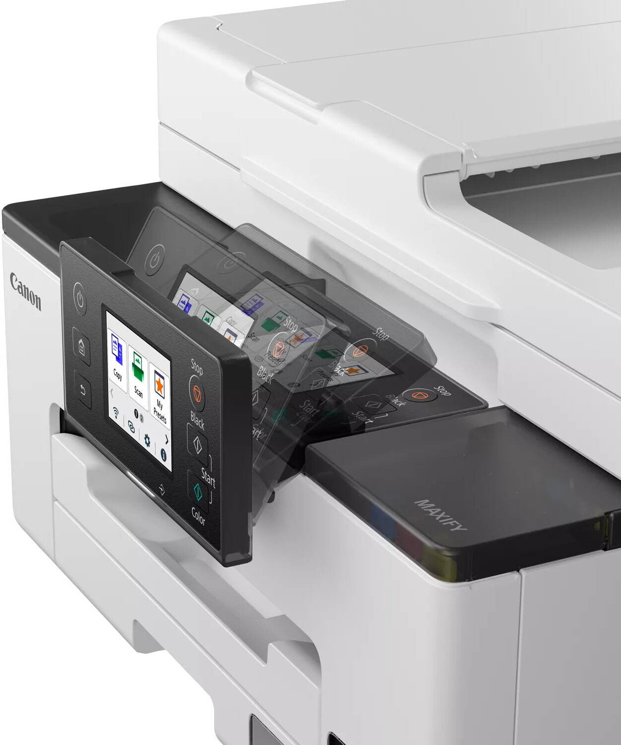 Canon IJ MFP MAXIFY GX2040 with high yield ink bottles, printing : Up to Up to 600 x 1200 dpi , Scanner Resolution 1,200 x 2,400 dpi /Display / 2.7" /