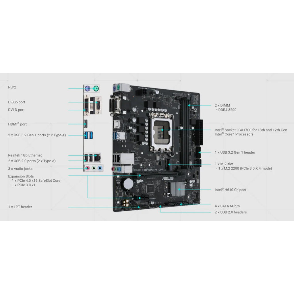 ASUS Motherboard PRIME H610M-R D4-SI s1700 H610 2xDDR4 M.2 HDMI D-Sub DVI mATX White BOX WITH ACCESSORY
