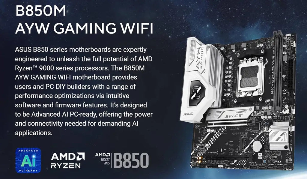 ASUS Motherboard B850M AYW GAMING WIFI sAM5 B850 2xDDR5 M.2 HDMI Wi-Fi BT mATX