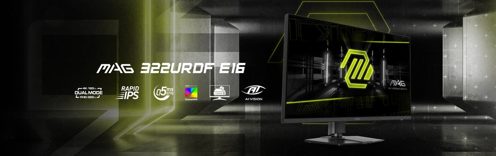 MSI MAG 322URDF E16/ 31.5" / Flat / Rapid IPS /3840 x 2160 (UHD) / HDR: 400 cd/m /sRGB 129% / Normal: 160Hz+ Dual Mode 320mhz /178°- 178° / 0.5ms (GtG
