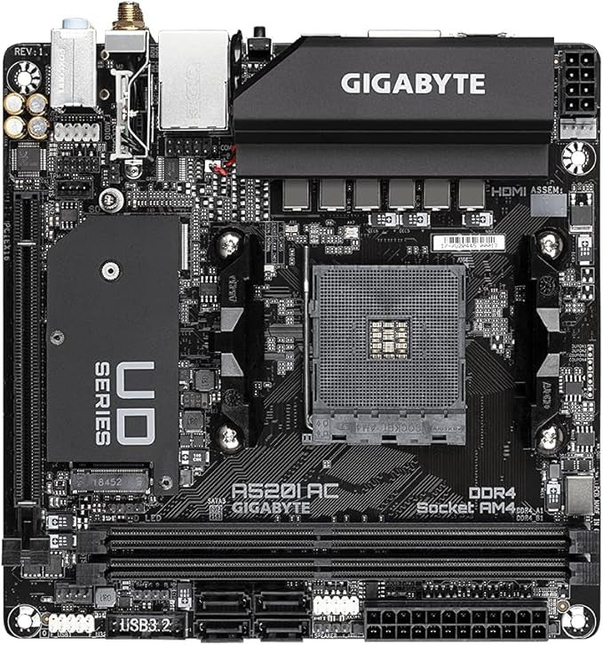 GIGABYTE Motherboard A520I AC sAM4 A520 2xDDR4 M.2 HDMI DP Wi-Fi BT mITX