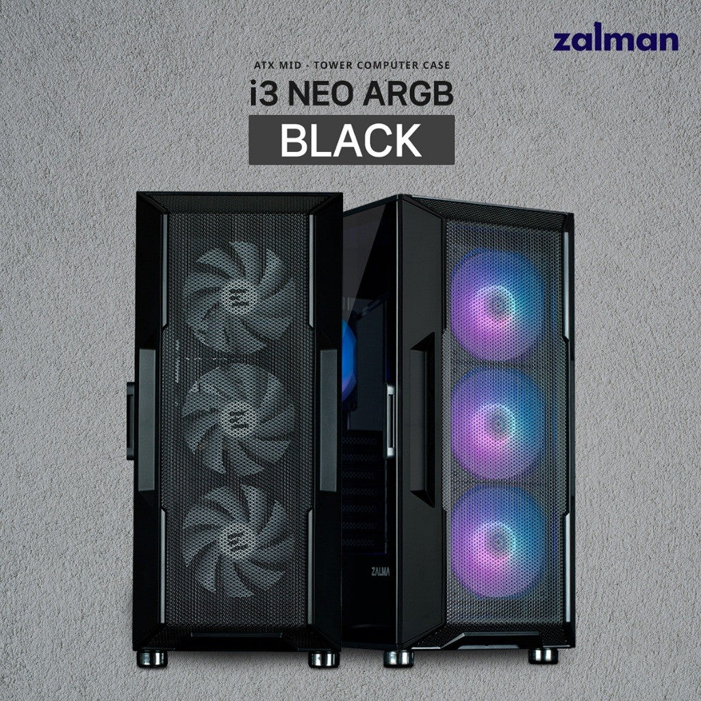 Zalman PC case I3 Neo ARGB without PSU, 2xUSB3.0, 1xUSB2.0, 4x120mm ARGB, VGA 355mm, LCS ready, TG Side Panel, ATX, black