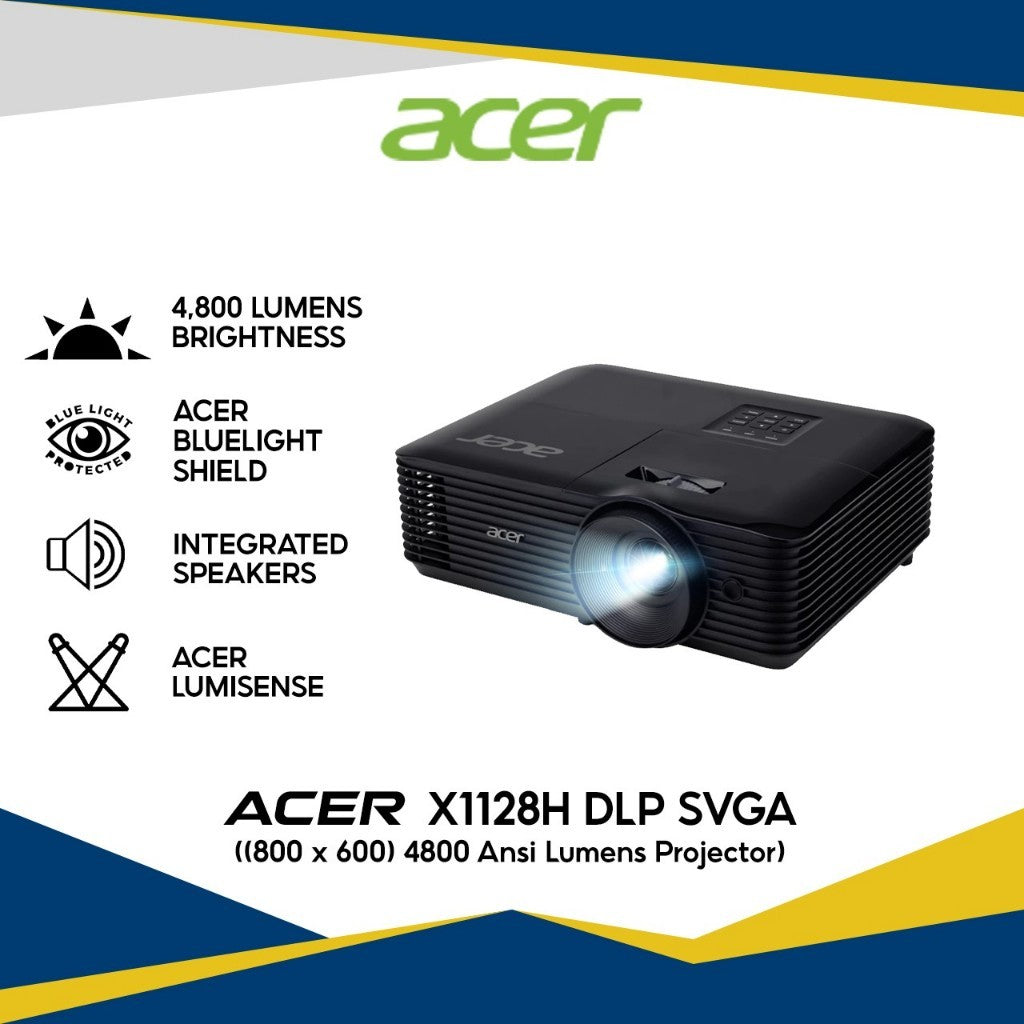 Acer X1128H DLP SVGA (800 x 600) /MAX (1,920 x 1,200)/ 4800 Lm / 3W Speaker x 1 / 6,000 Hours (Standard), 10,000 Hours (ECO), 15,000 Hours (ExtremeEco