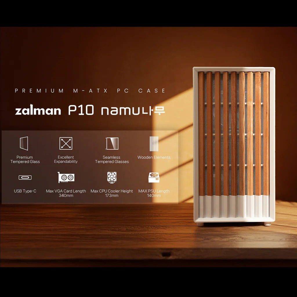 Zalman PC case P10 Namu without PSU, 1xUSB3.0, 1xUSBType-C, 2x120mm, 1x120mm ARGB, VGA 340мм, LCS ready, TG Side Panel, mATX, white