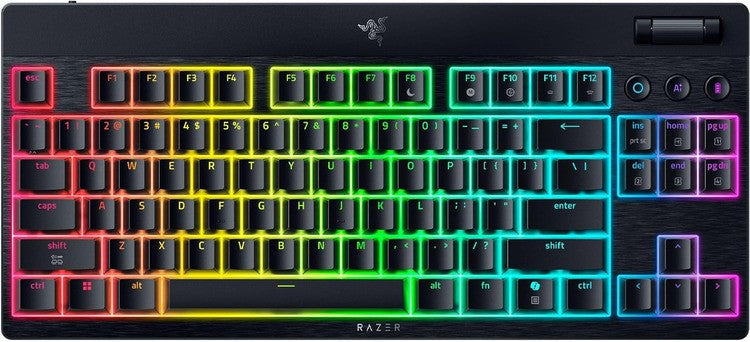 Razer Keyboard mechanical BlackWidow V4 Low-profile TKL HyperSpeed, 87key, Yellow Switch, USB-A/WL/BT, EN, RGB, black