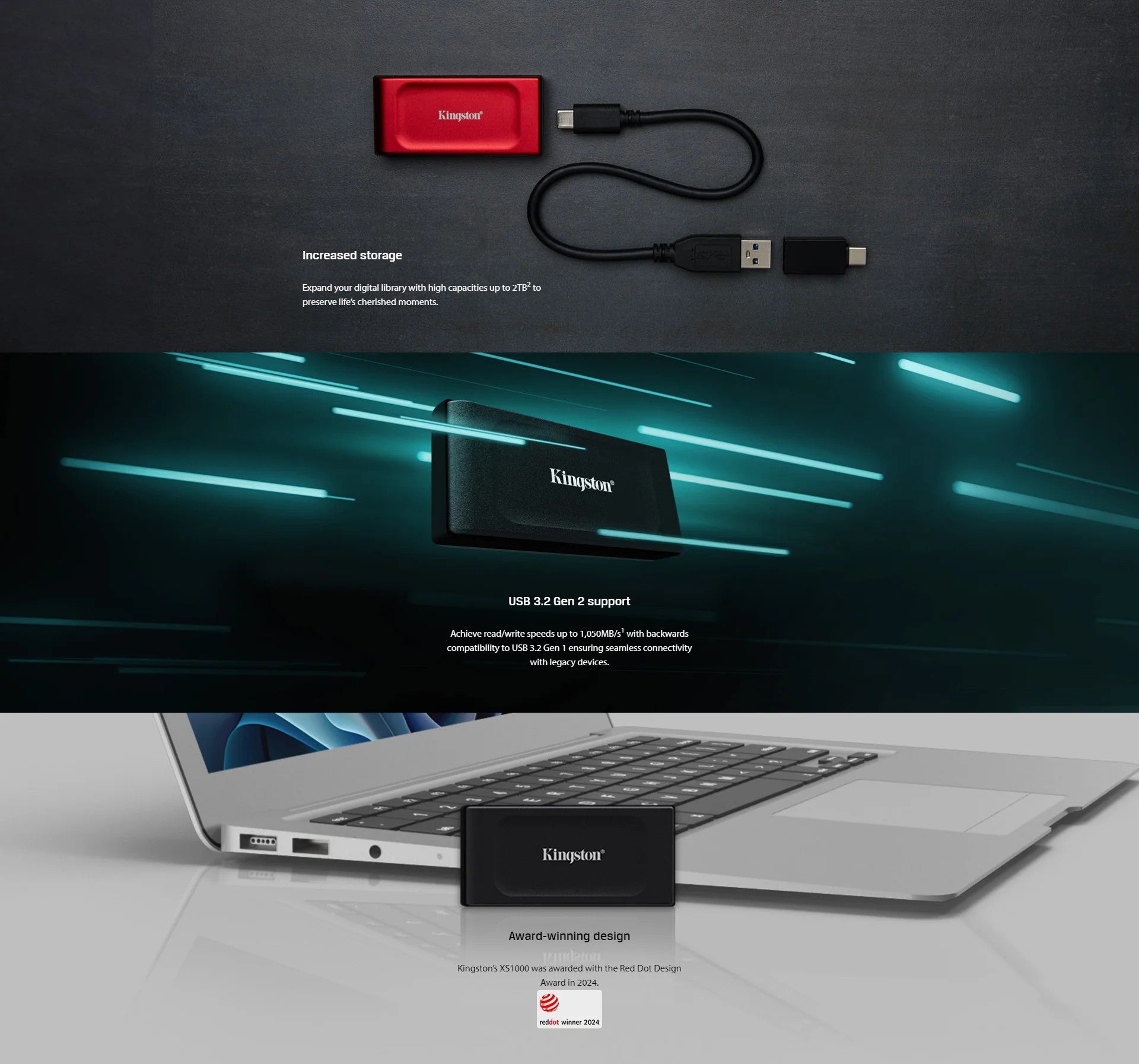 Portable SSD Kingston 1TB USB 3.2 Gen 2 Type-C XS1000 Red
