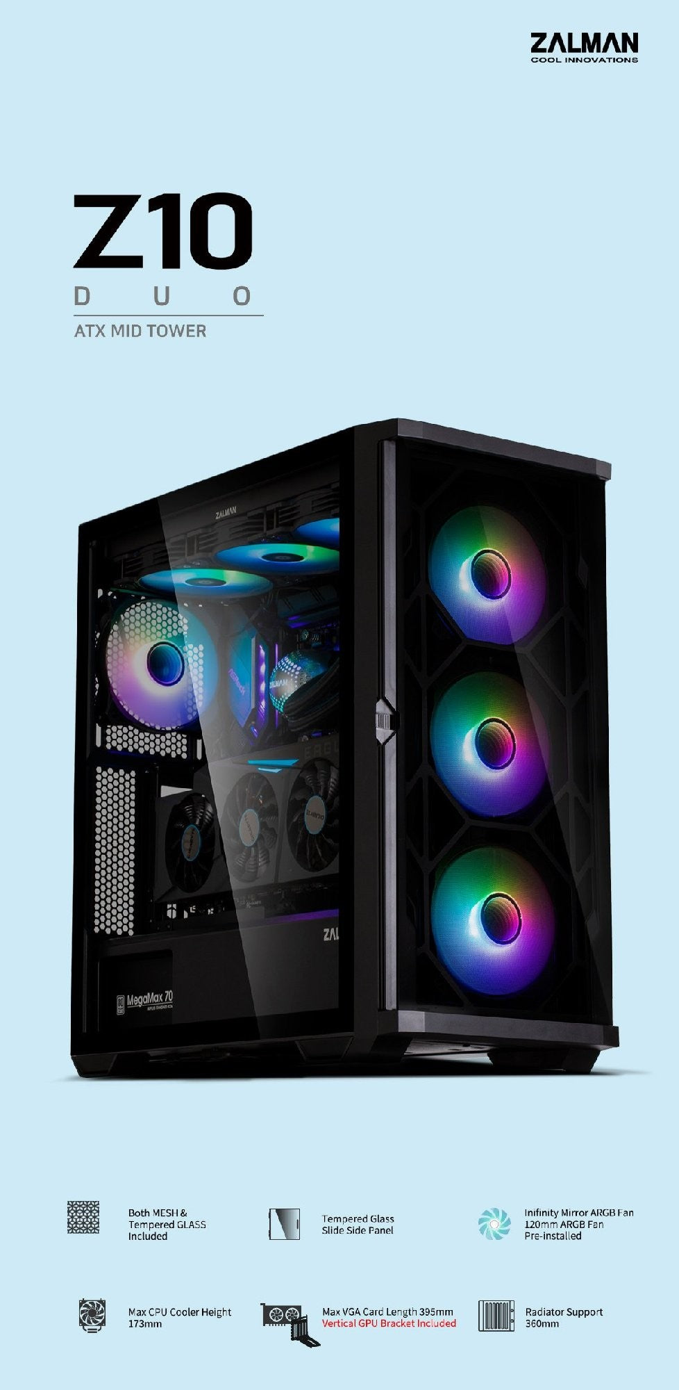 Zalman PC case Z10 Duo without PSU, 2xUSB3.0, 1xUSB Type-C, 3x140mm ARGB, 1x120mm ARGB, VGA 395mm, LCS ready, TG Side Panel, EATX, white